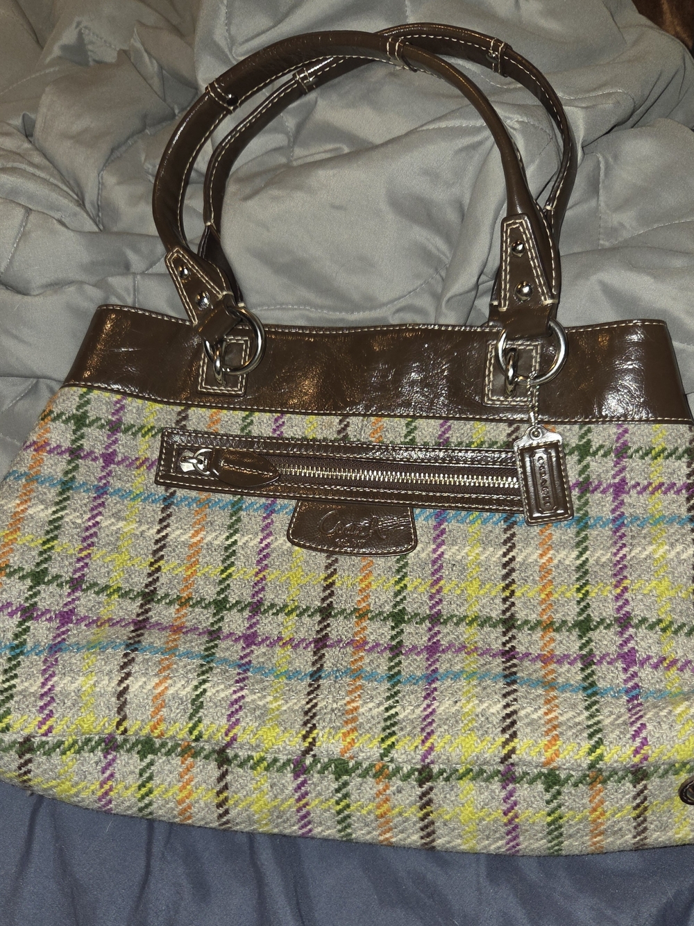 Coach Brown Leather & Multi-Color Plaid Tote Bag